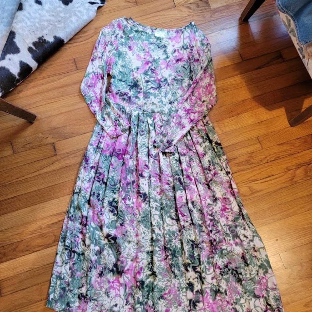 Vintage purple and green tie-dye maxi dress with corset back. Eden Rising brand